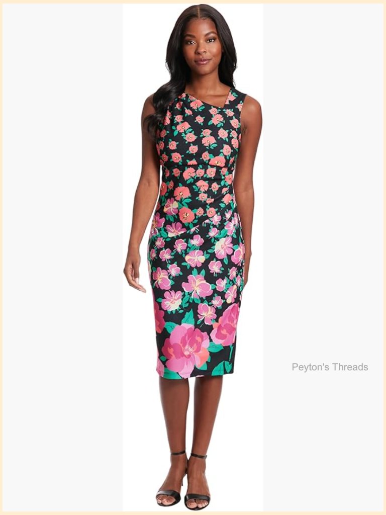 Sleeveless Asymmetric Neck Pleated Midi Sheath Dress, Wedding Guest